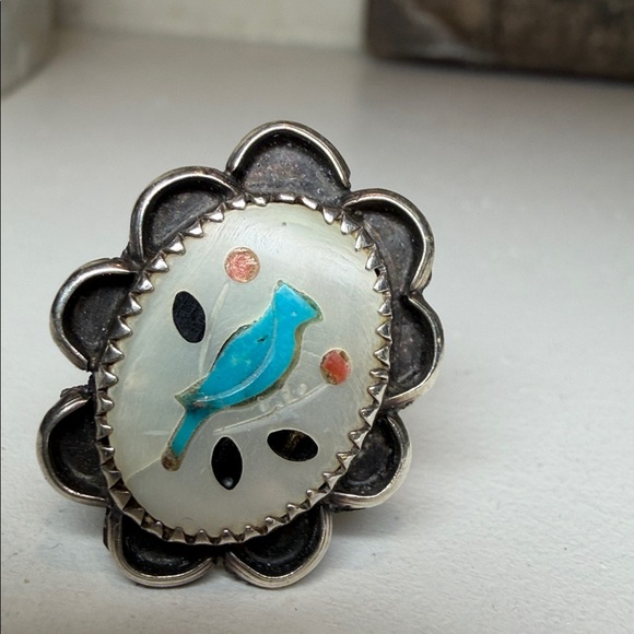 Vintage Zuni Turquoise Bird Inlay Ring – Size 6.5 – Sterling Silver – Signed “T” - Picture 12 of 12